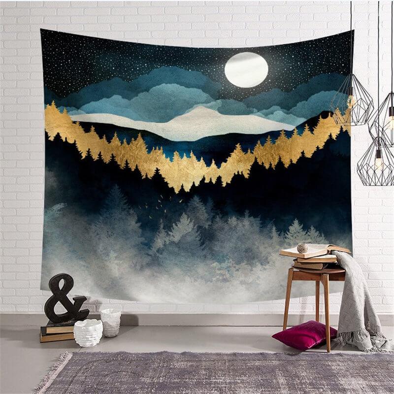 Lofaris Black And Gold Mountain Landscape Moon Wall Tapestry