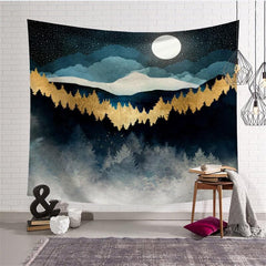 Lofaris Black And Gold Mountain Landscape Moon Wall Tapestry