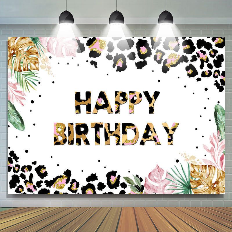 Lofaris Black Gold Pattern And Leaves Happy Birthday Backdrop