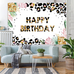 Lofaris Black Gold Pattern And Leaves Happy Birthday Backdrop