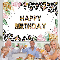 Lofaris Black Gold Pattern And Leaves Happy Birthday Backdrop