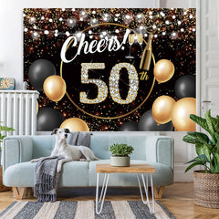 Lofaris Black Golden Balloon Cheers 50 Happy Birthday Backdrop