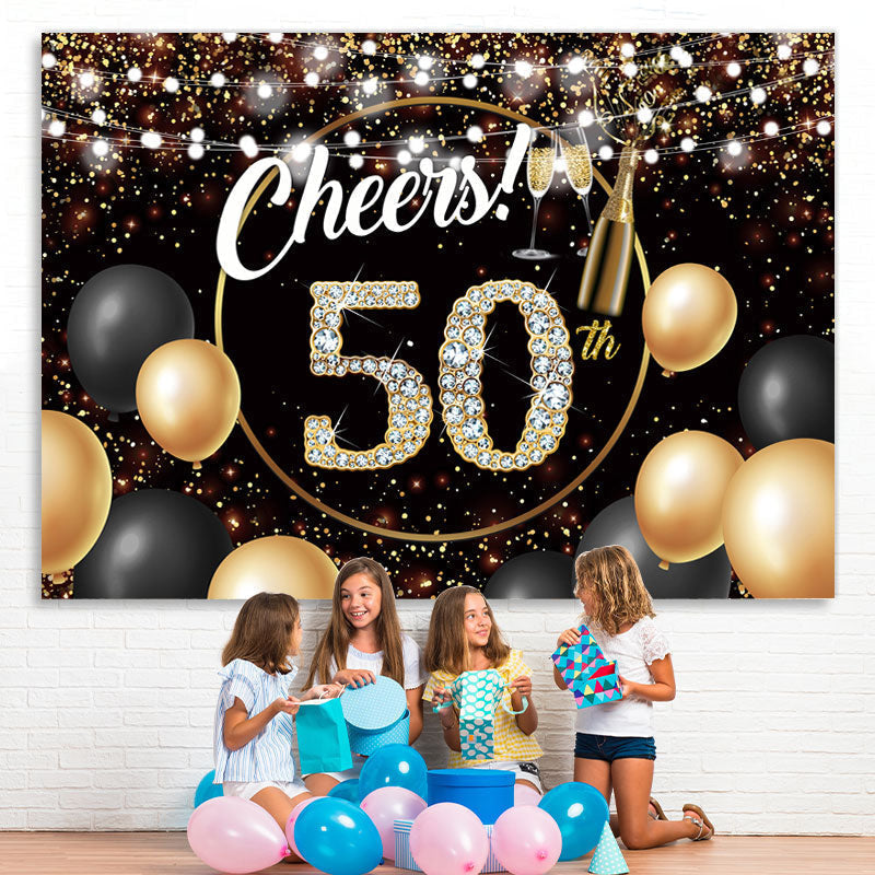 Lofaris Black Golden Balloon Cheers 50 Happy Birthday Backdrop