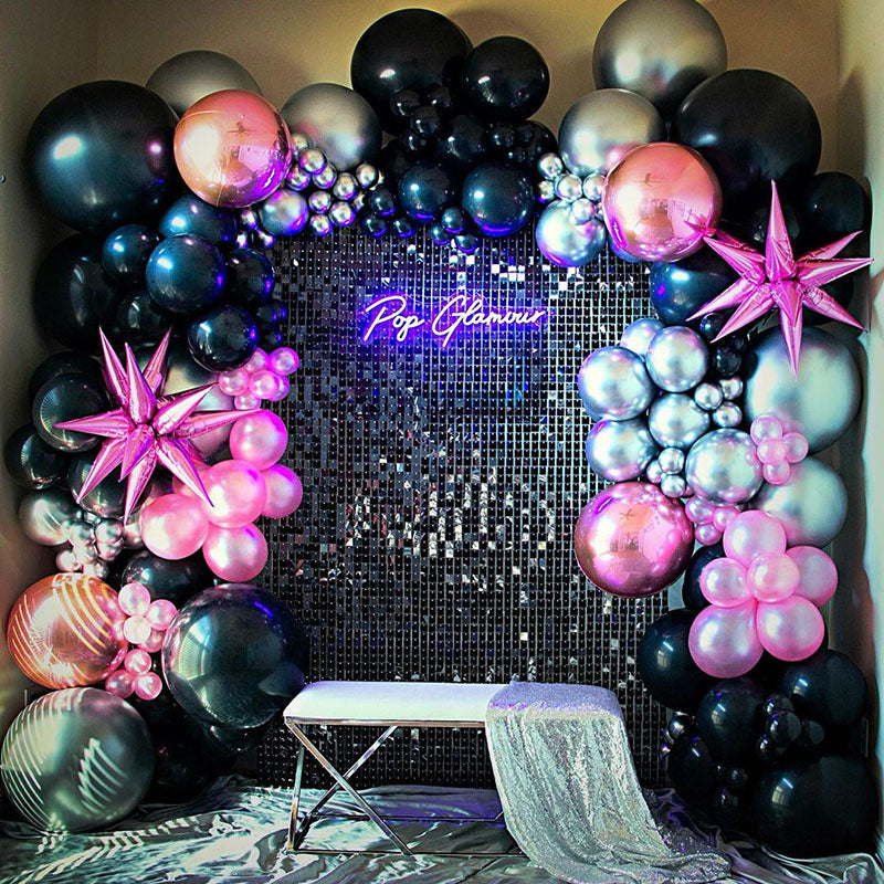 Black Shimmer Wall with Balloon Garland - PARTY BALLOONS BY Q