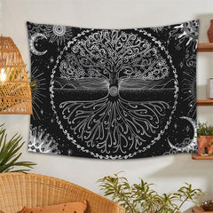 Lofaris Black White Tree Lake Reflection Abstract Wall Tapestry