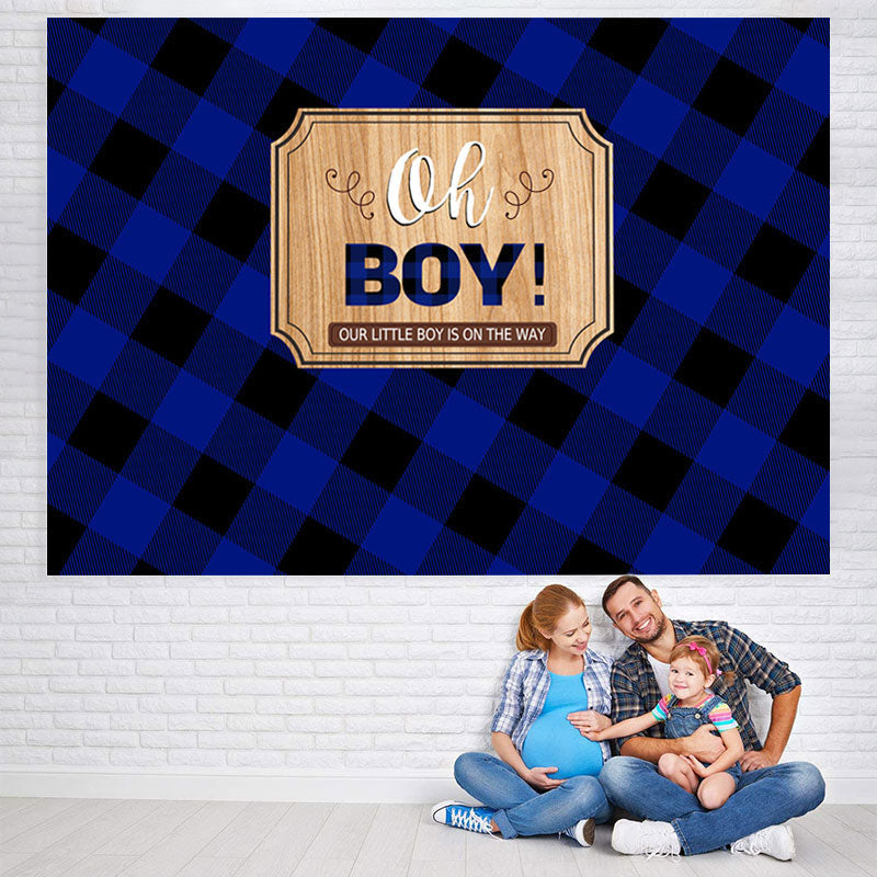 Lofaris Blue and Black Grid Stripe Oh Boy Baby Shower Backdrop