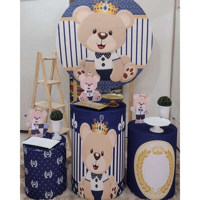 Lofaris Blue And Brown Bear Round Boys Baby Shower Backdrop Kit