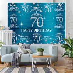 Lofaris Blue And Glitter Crown Happy 70Th Birthday Backdrop