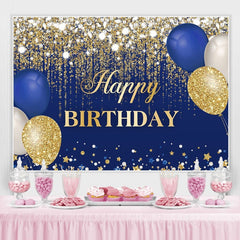 Lofaris Blue and Gold Balloons Glitter Birthday Backdrop