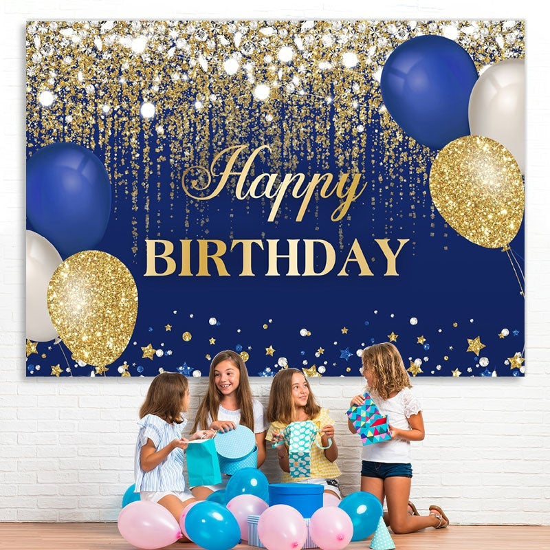 Lofaris Blue and Gold Balloons Glitter Birthday Backdrop