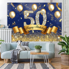 Lofaris Blue And Golden Balloon Happy 50Th Birthday Backdrop