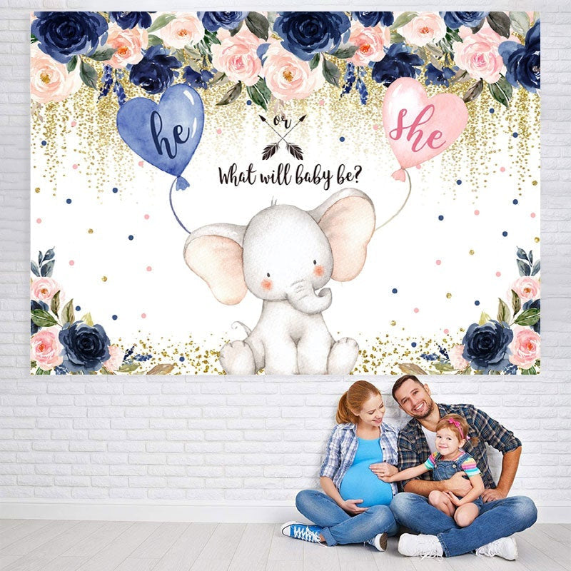 Lofaris Blue And Pink Flowers Elephant Baby Shower Backdrop