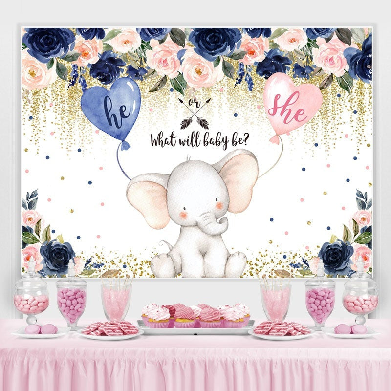 Lofaris Blue And Pink Flowers Elephant Baby Shower Backdrop