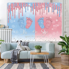 Lofaris Blue And Pink Glitter Foot He Or She Baby Shower Backdrop