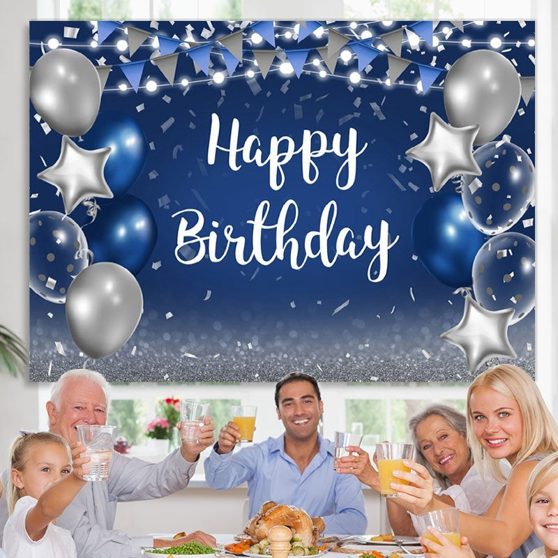 Lofaris Blue and Silver Star Balloon Happy Birthday Backdrop
