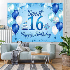 Lofaris Blue And White Ballons Happy 16th Birthday Backdrop