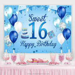 Lofaris Blue And White Ballons Happy 16th Birthday Backdrop