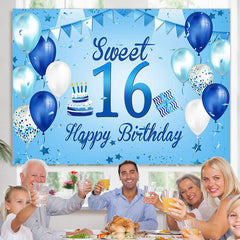 Lofaris Blue And White Ballons Happy 16th Birthday Backdrop
