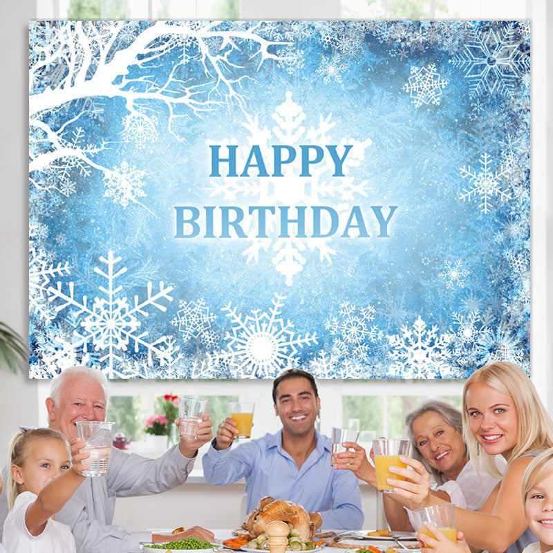 Lofaris Blue And White Snowy Winter Happy Birthday Backdrop