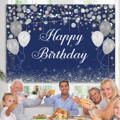 Lofaris Blue Boken and Silver Balloon Happy Birthday Backdrop