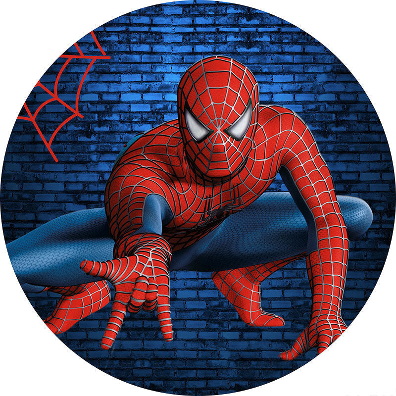 Lofaris Blue Bricks Round Cartoon Hero Birthday Backdrop For Boy