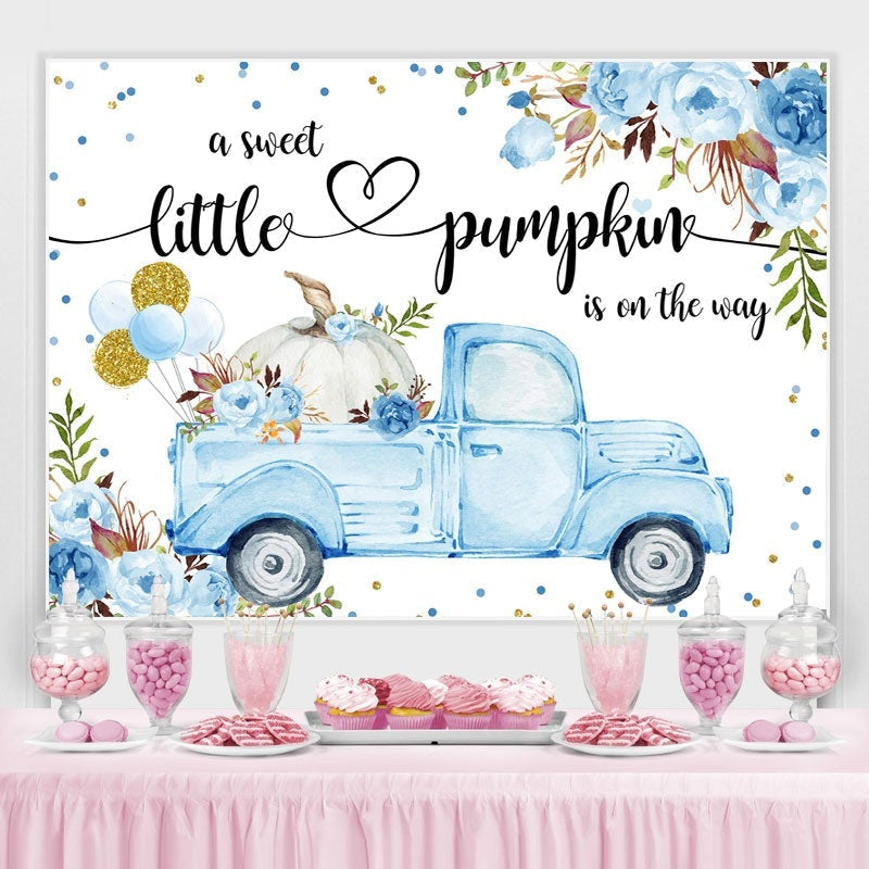Lofaris Blue Car and Florals Pumpkin Baby Shower Backdrop