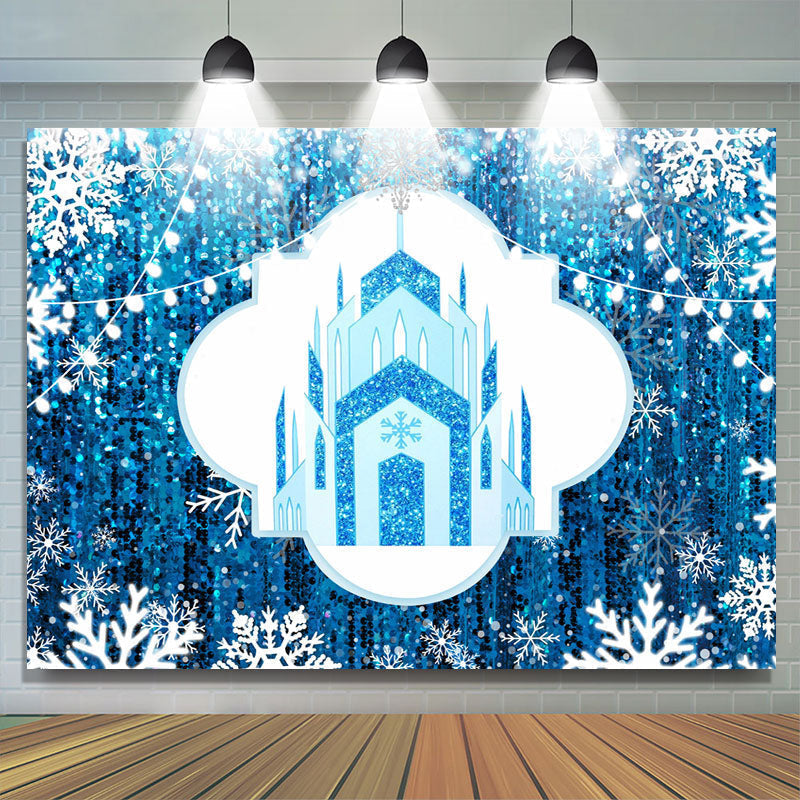 Lofaris Blue Castle And White Snowflake Christmas Backdrop