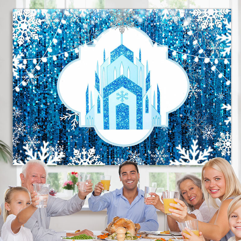 Lofaris Blue Castle And White Snowflake Christmas Backdrop