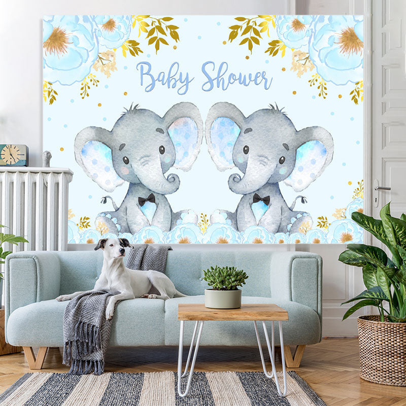 Lofaris Blue Elephant And Floral Baby Shower Backdrop For Twins