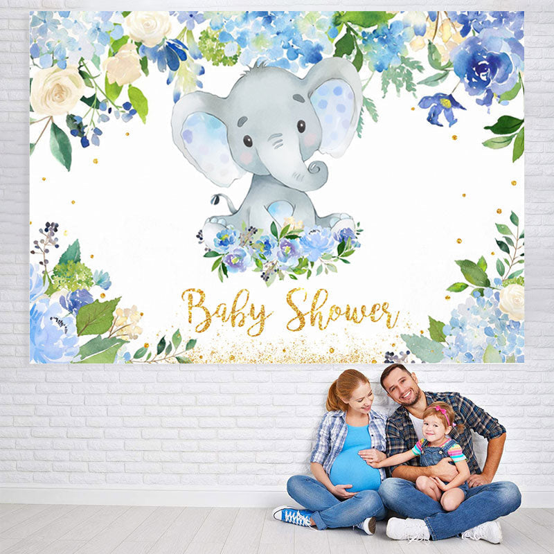 Lofaris Blue Floral and Baby Elephent Shower Backdrop