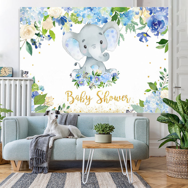 Lofaris Blue Floral and Baby Elephent Shower Backdrop