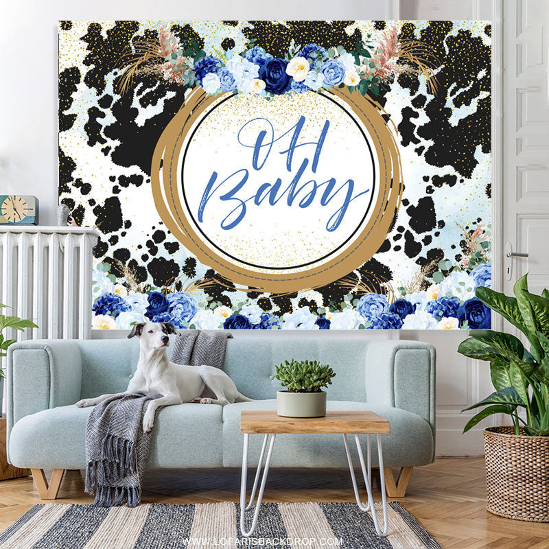 Lofaris Blue Floral Dairy Cattle Gold Baby Shower Backdrop