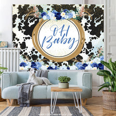 Lofaris Blue Floral Dairy Cattle Gold Baby Shower Backdrop