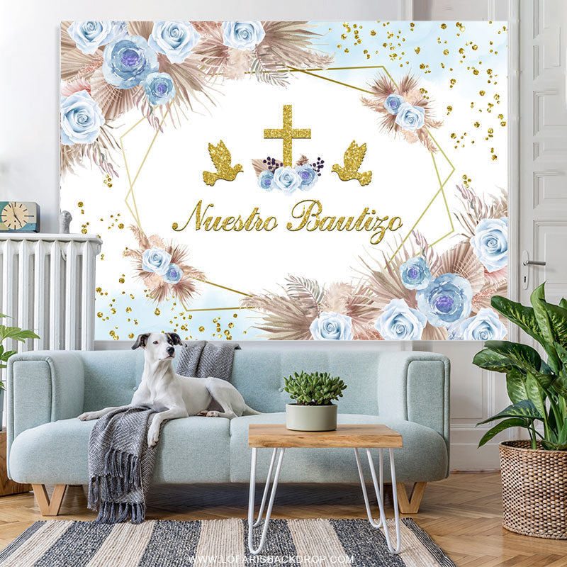 Lofaris Blue Floral Dove Cross Mi Bautizo Baptism Backdrop