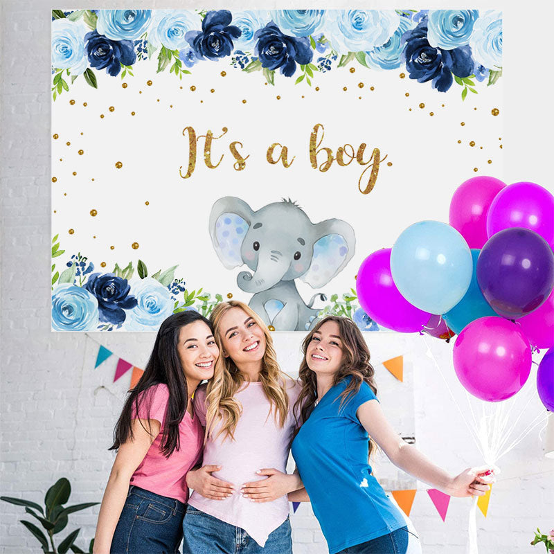 Lofaris Blue Floral Elephant Its A Boy Backdrop for Baby Shower
