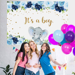 Lofaris Blue Floral Elephant Its A Boy Backdrop for Baby Shower