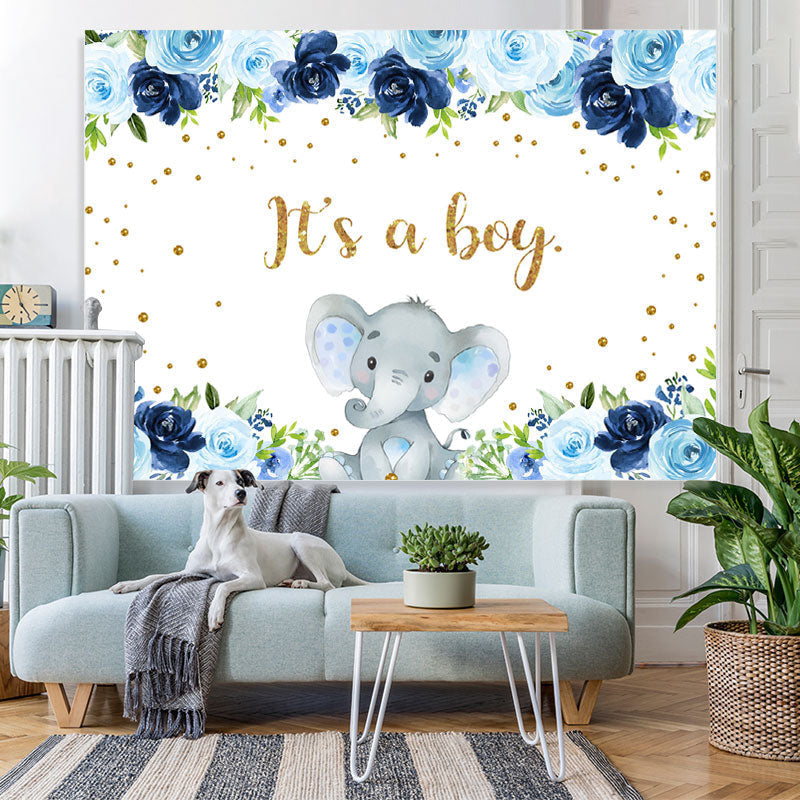 Lofaris Blue Floral Elephant Its A Boy Backdrop for Baby Shower