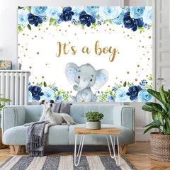 Lofaris Blue Floral Elephant Its A Boy Backdrop for Baby Shower
