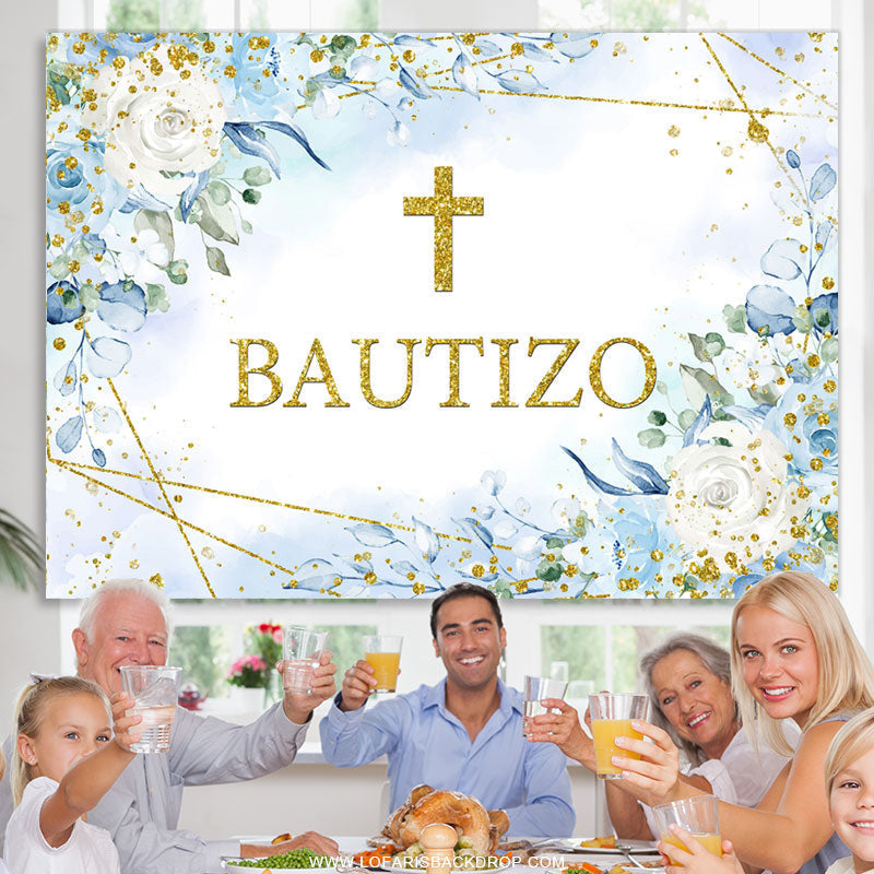 Lofaris Blue Floral Gold Glitter Bautizo Baby Shower Backdrop