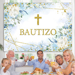 Lofaris Blue Floral Gold Glitter Bautizo Baby Shower Backdrop