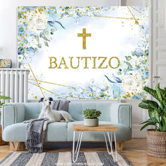 Lofaris Blue Floral Gold Glitter Bautizo Baby Shower Backdrop