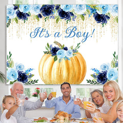 Lofaris Blue Floral Gold Glitter Pumpkin Baby Shower Backdrop