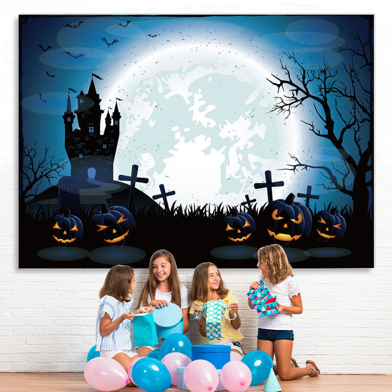 Lofaris Blue Full Moon Pimpkin Cemetery Castle Spooky Halloween Backdrop