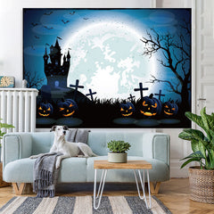 Lofaris Blue Full Moon Pimpkin Cemetery Castle Spooky Halloween Backdrop