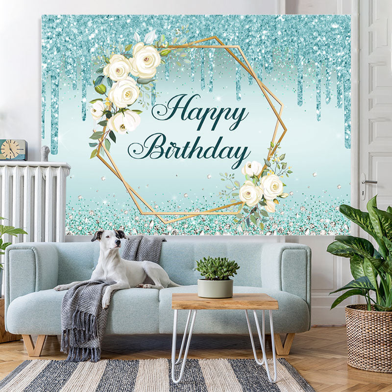Lofaris Blue Glitter And Floral Happy Birthday Party Backdrop