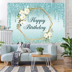 Lofaris Blue Glitter And Floral Happy Birthday Party Backdrop