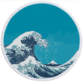 Lofaris Blue Great Wave Coastal Round Beach Towel With Fringe