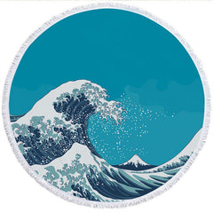 Lofaris Blue Great Wave Coastal Round Beach Towel With Fringe