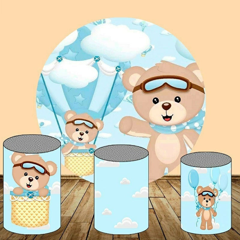 Lofaris Blue Hot Ballon And Bear round Baby Shower Backdrop Kit