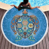 Lofaris Blue Mandala Pattern Turtle Circle Beach Towel With Fringe